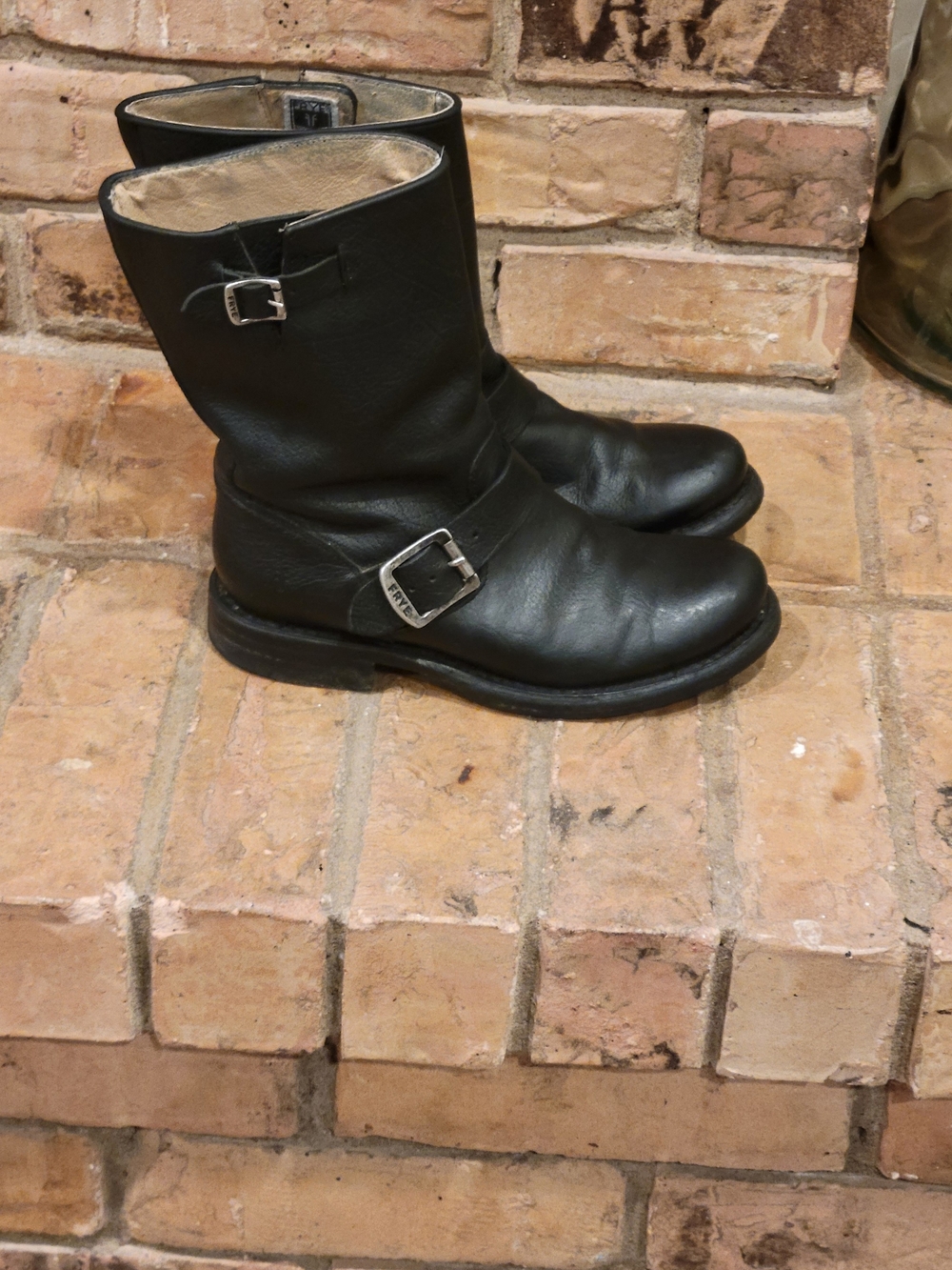 Frye Black Leather Mid-Calf Engineer Boots with Buckle